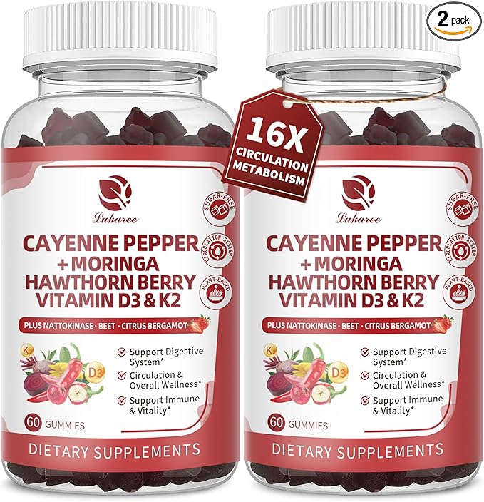 (2 Pack)16 in 1 Cayenne Pepper Gummies- Sugar-Free Capsaicin Supplements Complex w/Moringa, Hawthorn, Beet Root - Plus Wormwood, Citrus Bergamot Support Circulation* & Overall Wellness* - 60 CT