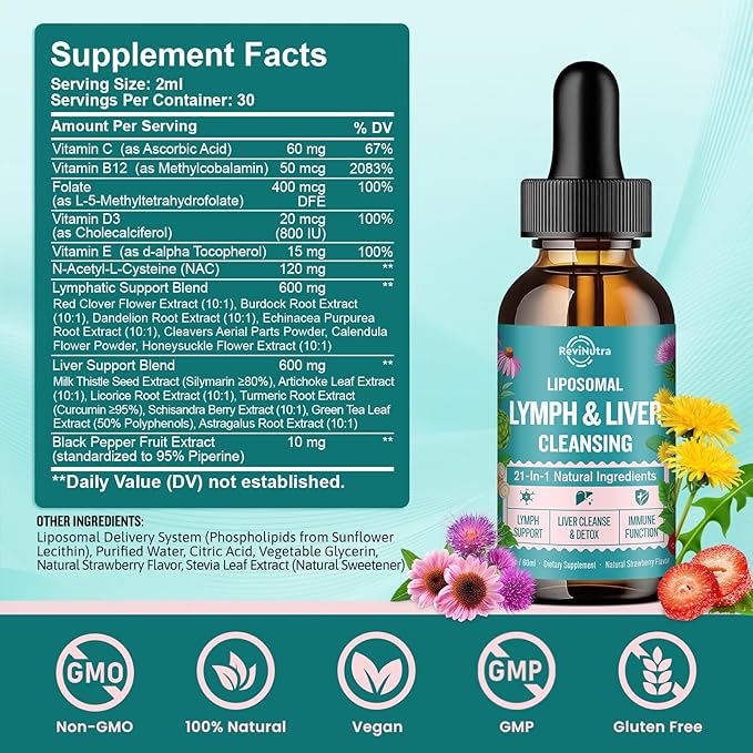 Liposomal Lymphatic Drainage Drops, Liver Cleanse Detox & Repair Liquid Supplement with Milk Thistle, Dandelion, Burdock Root & Echinacea - Lymph & Liver Detox, Antioxidant, Strawberry Flavor 2 Fl Oz
