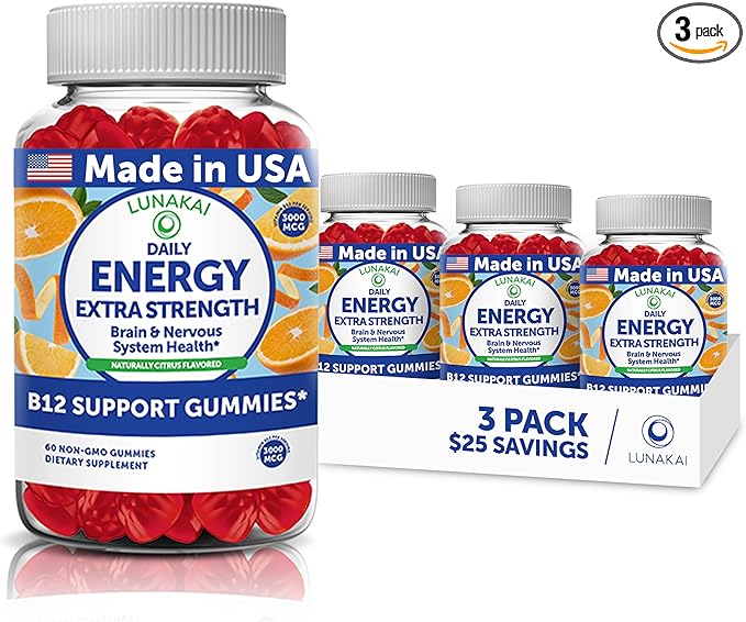 Lunakai USA Made Vegan Energy Gummies – Daily Energy Supplements – 3000mcg Vitamin B12 Gummies for Women & Men – for Home or On‑The‑Go Use - 3 Pack