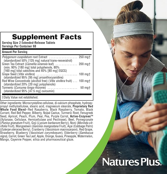 NaturesPlus Herbal Actives Resveratrol, Extended Release - 120 Tablets - Vegetarian, Gluten Free - 60 Servings