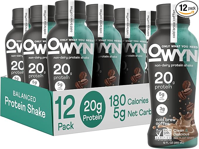 OWYN 100% Vegan Plant-Based Protein Shake, Cold Brew Coffee, 12 Pack, with 20g Plant Protein, Omega-3, Prebiotic supplements, Superfoods Greens Blend, Gluten-Free, Soy-Free, Non-GMO