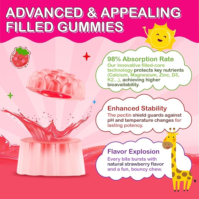 Kids Calcium Gummies with D3 & Magnesium for 4+: Sugar Free Calcium Citrate with Vitamin D3, K2, Zinc, Probiotics & Prebiotics for Kids - Gluten Free, Non-GMO,Vegan, Natural Strawberry Flavor