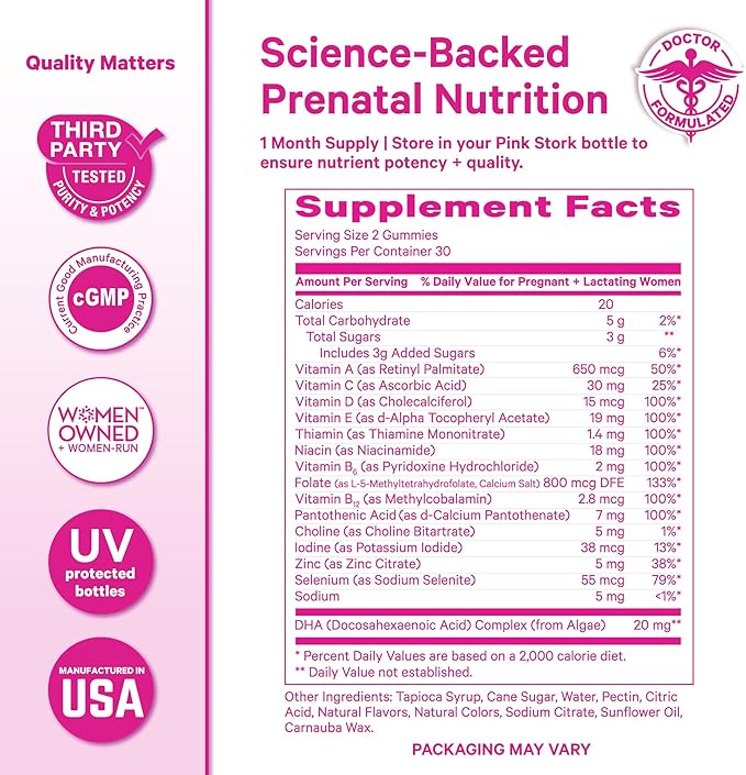 Pink Stork Premium Prenatal Gummy Vitamins with DHA, Folate, and Vitamin D - 60 Vegan Gummies - 2 Pack