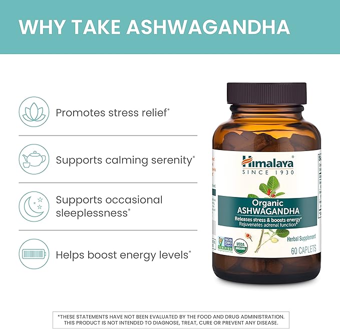 Himalaya Organic Ashwagandha Root, 2 Month Supply - Herbal Adrenal Support Supplements for Stress Relief and Energy Support - USDA Organic, Non-GMO, Vegan, Gluten Free, 670 mg, 60 Caplets