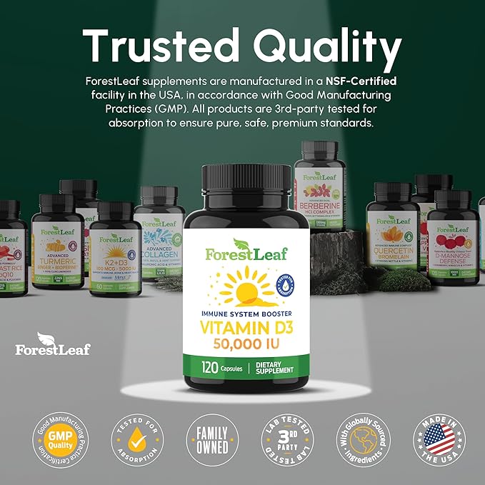 ForestLeaf Vitamin D3 50,000 IU | VIT D - Kosher VIT D3 Vitamin D Supplement for Women and Men | Bone Health, Teeth, Immune Support | Weekly Dose, 2-Year Supply, 120 Caps