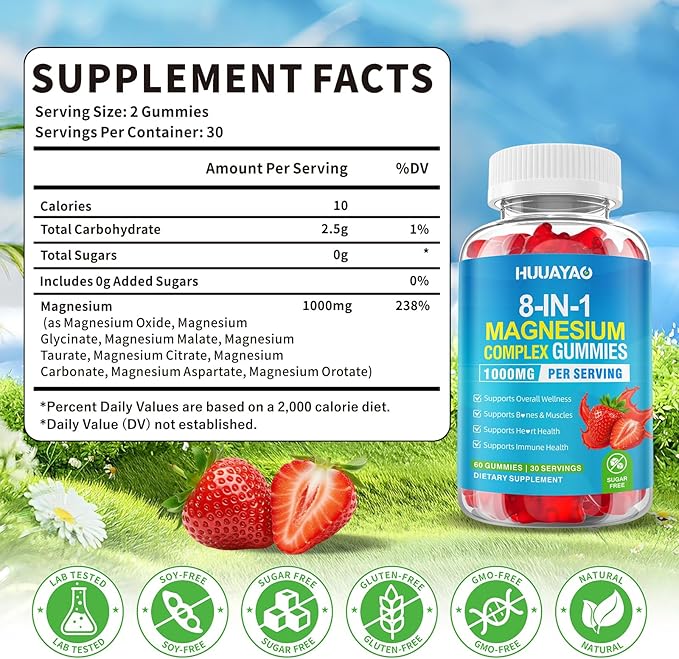 Magnesium Complex Gummies for Women Men 8 in 1, Magnesium Glycinate, Citrate, Malate, Taurate, Supports Bones, Muscle, Nerve Health, Sugar-Free, Vegan Non-GMO, Strawberry Flavor, 60 Count