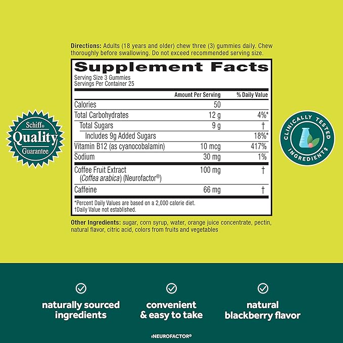 NEURIVA Brain + Energy Gummies, Nootropic Brain Supplements for Focus and Concentration with Neurofactor, Vitamin B12 & Caffeine for an Energy Boost*, 75ct Natural BlackBerry, (Pack of 2)
