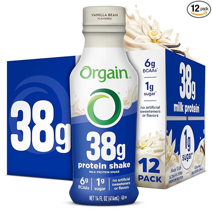 Orgain 38g High Protein Shake, Dairy Isolate Protein Milk, Vanilla, 6g BCAAs, 1g Sugar Per Serving, Meal Replacement, Ready to Drink, Keto Friendly, Gluten-Free 14 Fl Oz (Pack of 12)