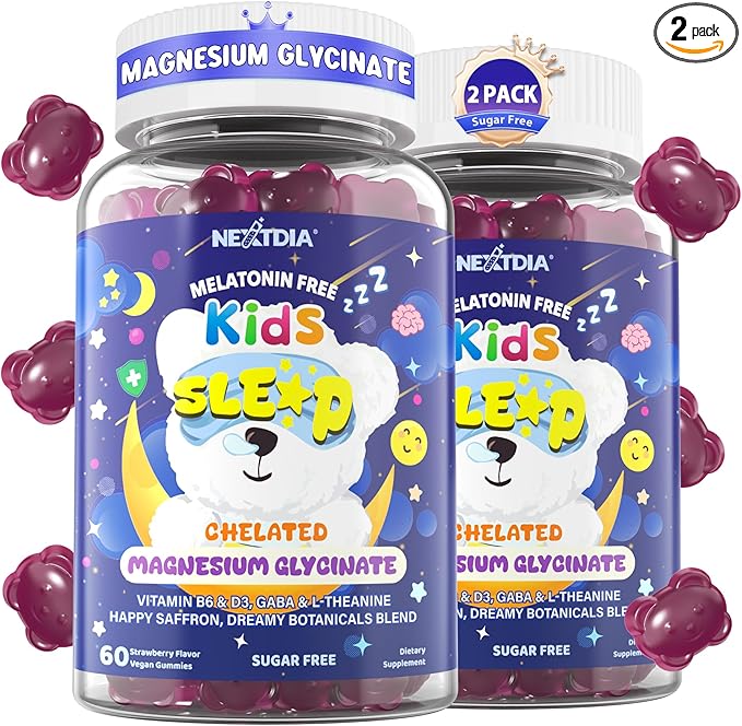 Kids Sleep Gummies NO Melatonin - Triple Magnesium Glycinate + Saffron, GABA, Berry & Nut Superfood Gummies, Sugar Free Nighttime Sleep Aid & Calm for Kids 4+ Teens, Relaxation, Brain & Muscle, 2Pack
