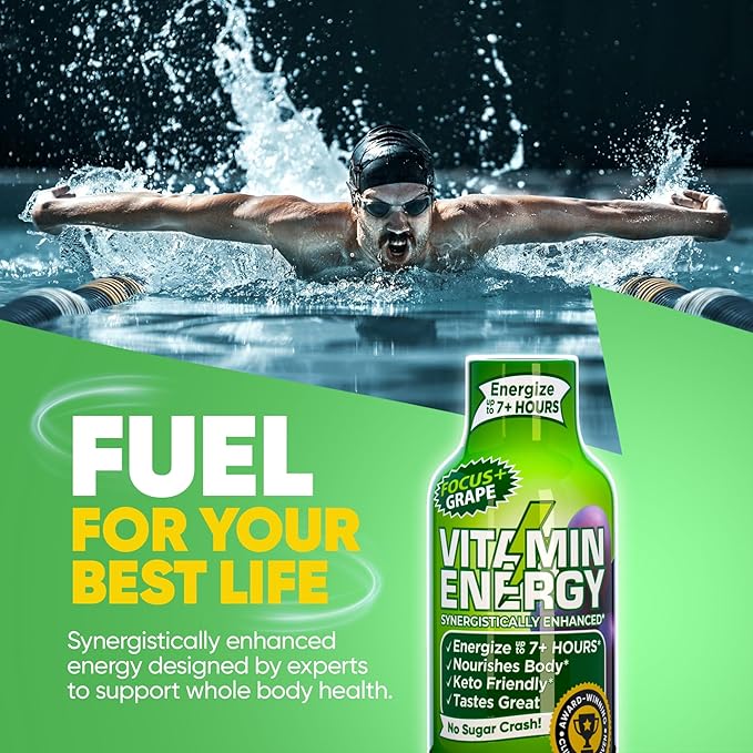 Vitamin Energy Focus+ Extra Strength Energy Shot Grape 12 Pack, 260mg Natural Caffeine, B-Vitamins, CoQ10, Amino Acids, Focus, Productivity & Clarity, Zero Sugar, Gluten-Free, 1.93 fl oz