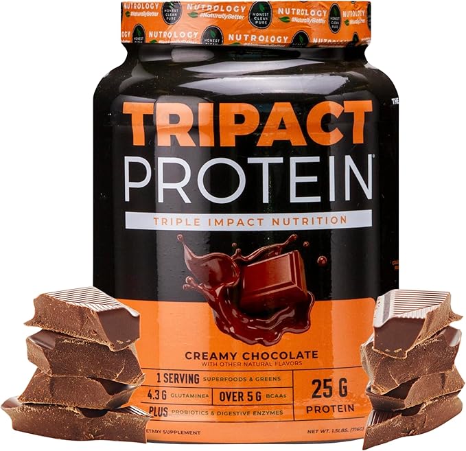 Nutrology TRIPACT Protein Powder - 7-in-1 Meal Replacement Shake with Grass Fed Whey Protein Powder, Pea, Rice, Greens for Muscle Recovery & Immunity, Creamy Chocolate Flavor, 20 Servings