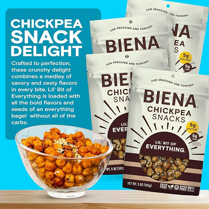 Biena Crispy Roasted Chickpea Snacks, Lil’ Bit of Everything, High Protein Snacks, High Fiber Snacks, Gluten Free, Plant-Based, Non-GMO, Healthy Snacks for Adults and Kids, 4-Pack 5 Ounce Bags