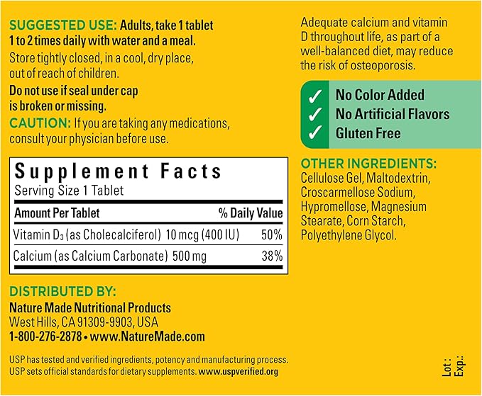 Nature Made Calcium 500 mg with Vitamin D3, Calcium and Vitamin D Supplement for Bone Support, 130 Tablets