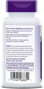 Natrol Biotin 10000mcg, 4X Faster Dissolve Supplement for Healthy Hair, Skin and Nails for Those Low in Biotin, Plus Energy Metabolism Support, 60 Tablets, Up to a 60 Day Supply