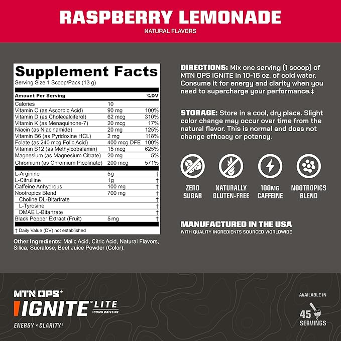 MTN OPS Ignite Lite Sugar Free Energy Drink Powder with 100mg Caffeine, Nootropic Blend for Energy & Focus, L Arginine & L Citrulline for Endurance, 45 Servings, Raspberry Lemonade