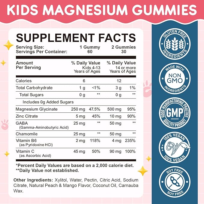 Magnesium Glycinate Gummies for Kids: Calm Magnesium Supplement for Kids & Adults with Zinc Citrate, GABA, Chamomile, Vitamin B6 & C - Sleep, Relaxation & Focus, Juicy Peach & Mango Flavor 60 Count