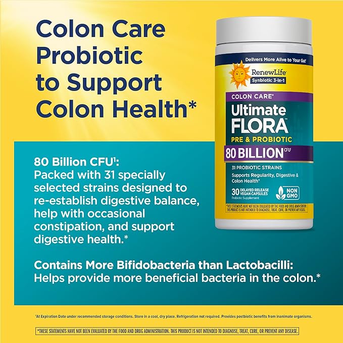 Renew Life Probiotic Colon Care Probiotic Capsules, Daily Supplement Offers Colon Support, L. Rhamnosus GG, Dairy, Soy and gluten-free, 80 Billion CFU, 30 Count