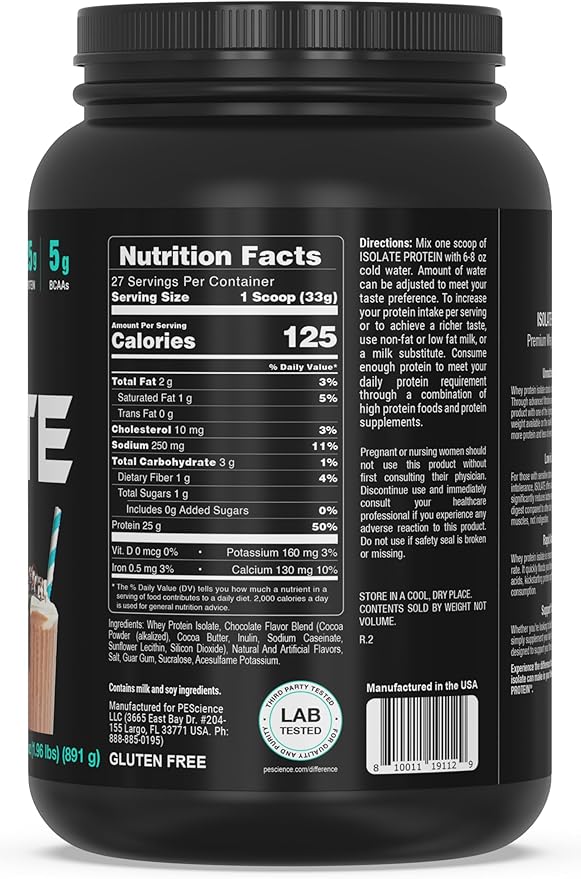 PEScience Isolate Whey Protein Powder, Gourmet Chocolate, 27 Servings, 100% Whey Protein Isolate, Low Carb, Fast Absorbing Post Workout Shake for Men and Women