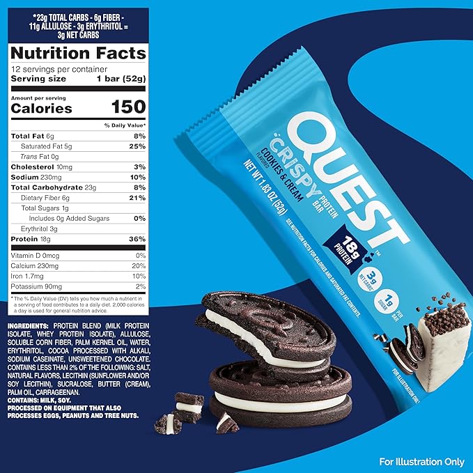 Quest Nutrition Crispy Cookies & Cream Hero Protein Bar, 18g Protein, 1g Sugar, 3g Net Carb, Gluten Free, Protein Snack, Keto Friendly, 4 Count