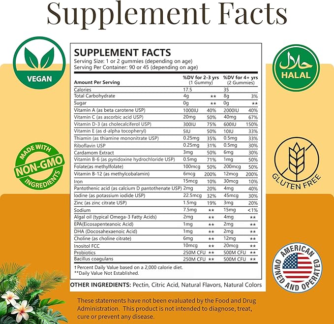 Kids Multivitamin Gummies with Iron & Probiotics - Vegan, Gelatin-Free, Halal, Orange & Strawberry Flavors, 90 Count