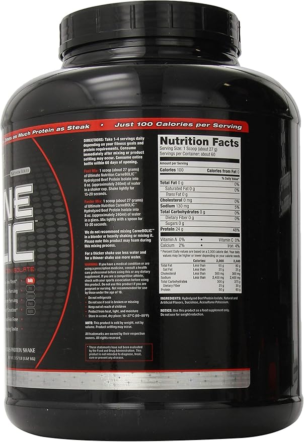Ultimate Nutrition Carne Bolic Beef Protein Powder, Lactose Free Protein Shakes, Paleo and Keto Friendly with No Sugar or Carb, Low Calorie Isolate Powder, Hydrolized Protein, 60 Servings, Vanilla