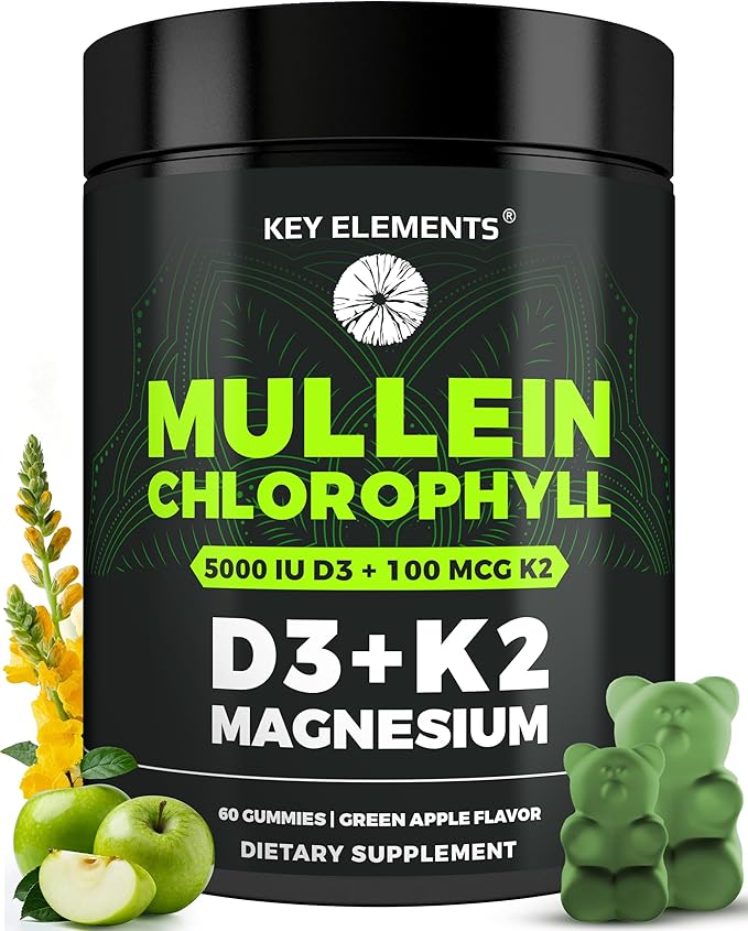 Mullein Gummies for Lung Support with Chlorophyll Magnesium, Vitamin D3 5000 IU & Vitamin K2 100 MCG - Mullein with Chlorophyll Gummies for Lung, Bone, & Immune Support – Vegan, Non-GMO, Gluten-Free
