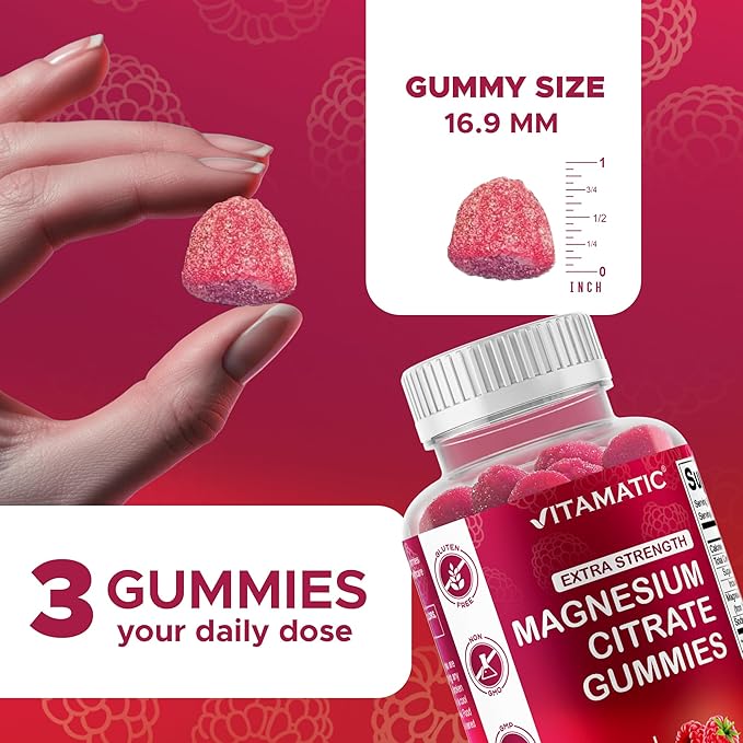 Vitamatic Extra Strength Magnesium Gummies – 255 mg (Elemental Magnesium) per Serving – 60 Vegan Gummies Supports Relaxation, Muscle & Nerve Function, Bone Health & Energy Production