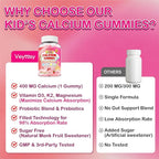 Kids Calcium Gummies with D3 & Magnesium for 4+: Sugar Free Calcium Citrate with Vitamin D3, K2, Zinc, Probiotics & Prebiotics for Kids - Gluten Free, Non-GMO,Vegan, Natural Strawberry Flavor
