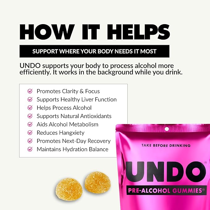 UNDO Gummies® Pre-Alcohol Gummies with DHM, Milk Thistle & Electrolytes | Scientifically-Backed Pre-Drink Supplement That Supports Liver Health & Hydration | Take While Drinking & Wake Up Feeling Great | 15 Servings