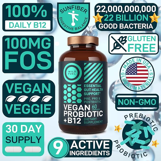 Vegan Probiotic Plus B12 & FOS - 22 Billion CFU Synbiotics Prebiotics and Probiotics for Digestive Health, IBS, Mood Support - B12 Pre Pro Post Biotics for Women & Men - 60 Gluten-Free Capsules