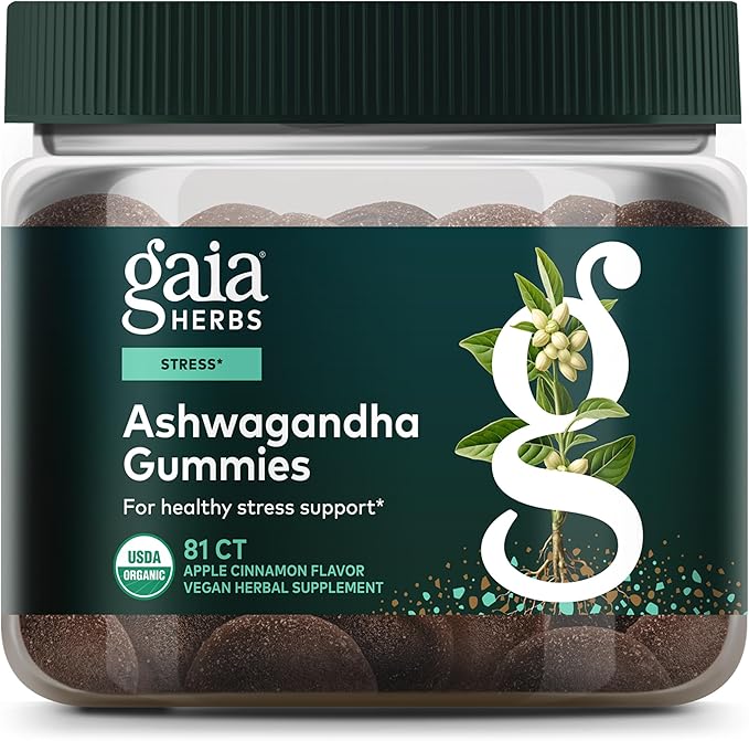 Gaia Herbs Organic Ashwagandha Gummies - Stress Support* - Made with Cinnamon & Ginger - Gluten Free & Vegan - 81 Count (27 Servings)