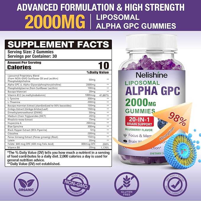 Liposomal Alpha GPC 2000mg & Citicoline Gummies Complex Phosphatidylserine,Ginkgo Biloba,L-Tyrosine,Huperzine A & B Vitamins,20-in-1 Blend for Focus, Memory & Cognitive Support