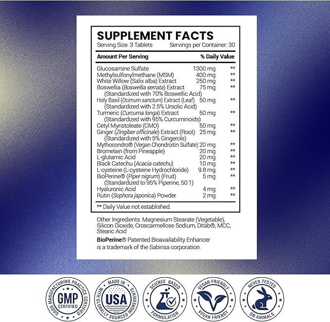 Research Verified Joint Support - Glucosamine, MSM, Turmeric, Boswellia, BioPerine - Vegan - 270 Capsules - 3 Month Supply