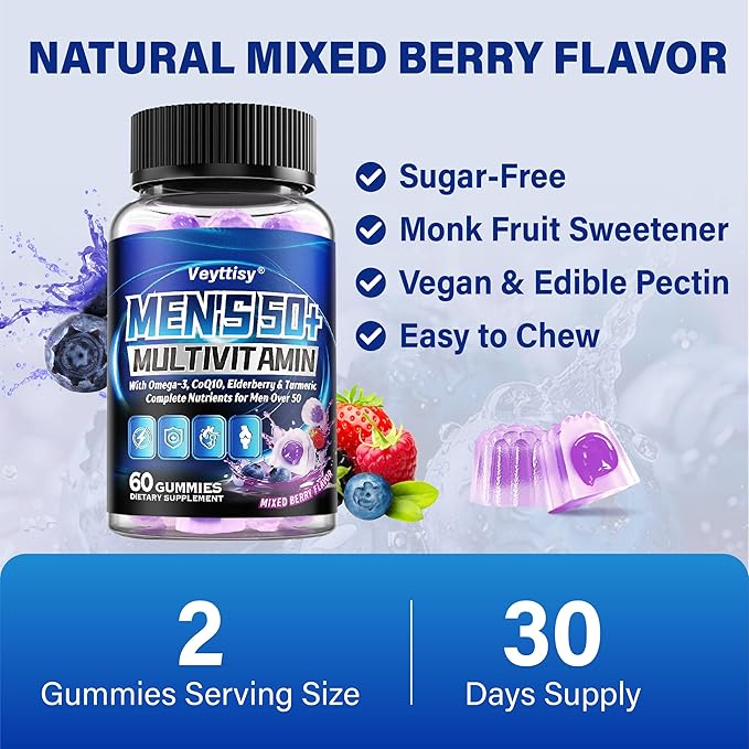 Sugar Free Multivitamin Gummies for Men 50 Plus - Methylated Multivitamin with Omega-3, CoQ10, Elderberry & Turmeric for Energy, Immune, Gut, Health Support - Vegan, Non-GMO, Gluten-Free