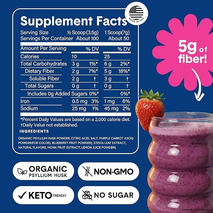 Bellway Super Fiber Powder + Fruit, Sugar Free Organic Psyllium Husk Powder Fiber Supplement for Regularity, Bloating Relief & Digestive Health, Plant-Based, Wild Berry (50 Servings)