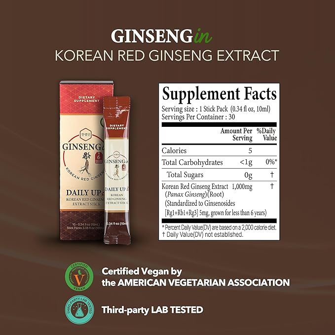 DailyUp Korean Red Ginseng Extract Stick 1000mg | Boost Energy | Enhance Memory | Support Immune System | Vegan | Liquid Supplements (30 Sticks)