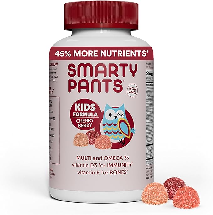SmartyPants Kids Multivitamin Gummies: Omega 3 Fish Oil (EPA/DHA), Beta Carotene, Vitamin B12, B6, A, K & Zinc for Immune Support, Biotin, Grape, Cherry & Berry Flavors, 120 Count (30 Day Supply)