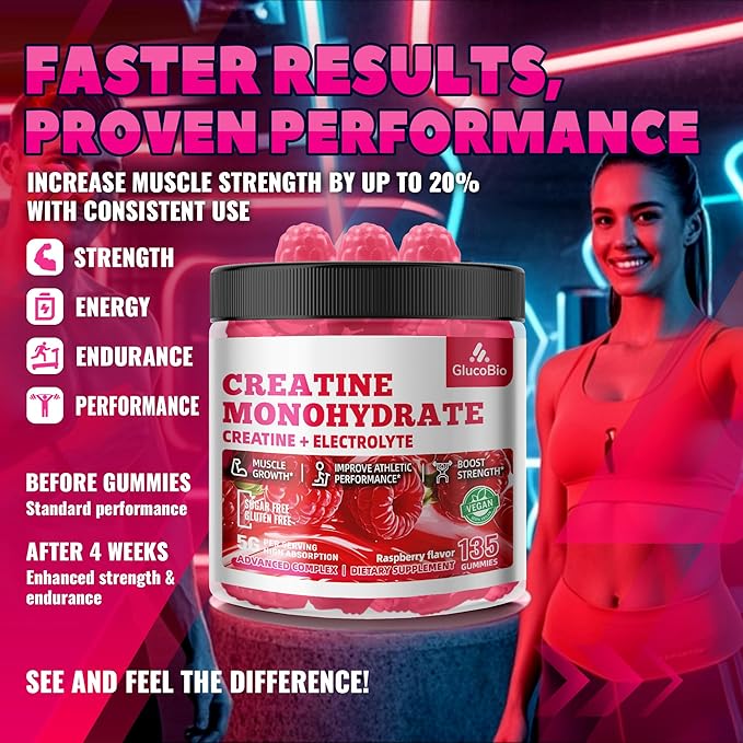 Creatine Monohydrate Gummies (5g) – Pre-Workout Energy & Muscle Growth Support for Men & Women | Raspberry Electrolyte Gummies (135 Count)