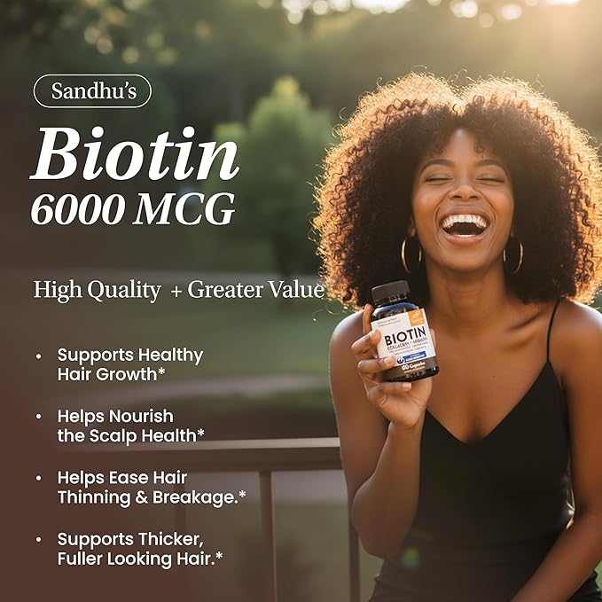 Sandhu's Biotin, Collagen & Keratin Complex | Supports Normal Hair Growth Cycle | Vitamins for Skin & Nails | Hair Supplements for Women & Men | Made in USA | 60 Capsule Pills | with Hyaluronic Acid