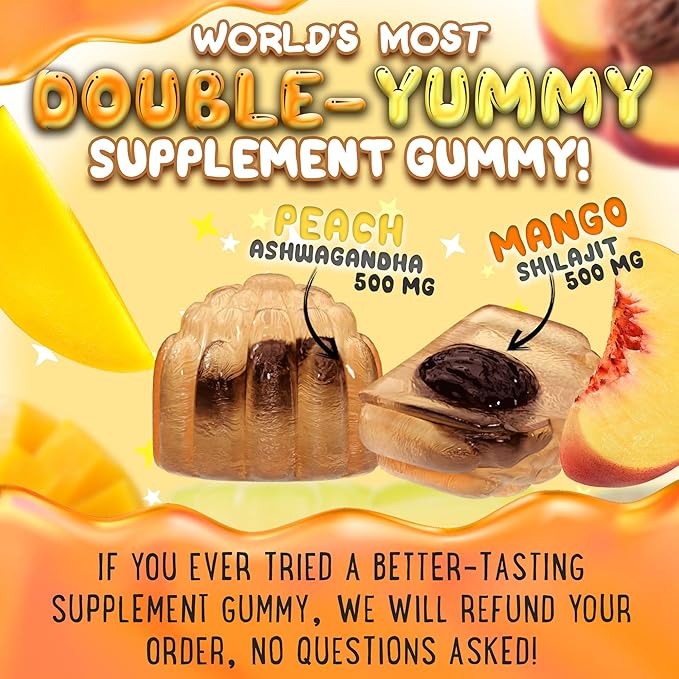 OH MY CHEWY Pure Himalayan Shilajit Gummies - High Potency Gold Grade Resin - Energy Boost and Immune Support for Men and Women with Ashwagandha and Shatavari - 60 Gummy - Peach & Mango