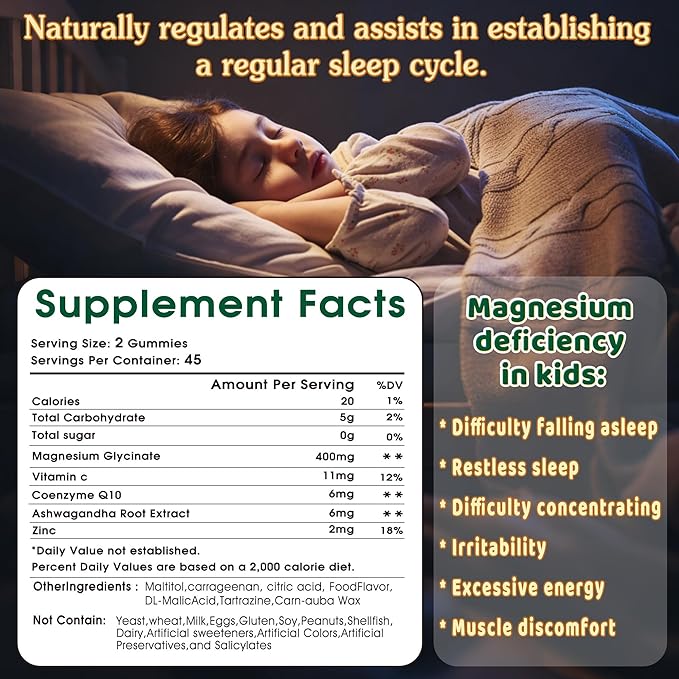 Magnesium Glycinate Gummies 400mg with Ashwagandha, CoQ10, Zinc & Vitamin C - Women Men Adults & Kids 4+ - Sugar Free Vegan Gummies for Sleep, Relaxation & Stress Relief-Pineapple Flavor, 90 Count