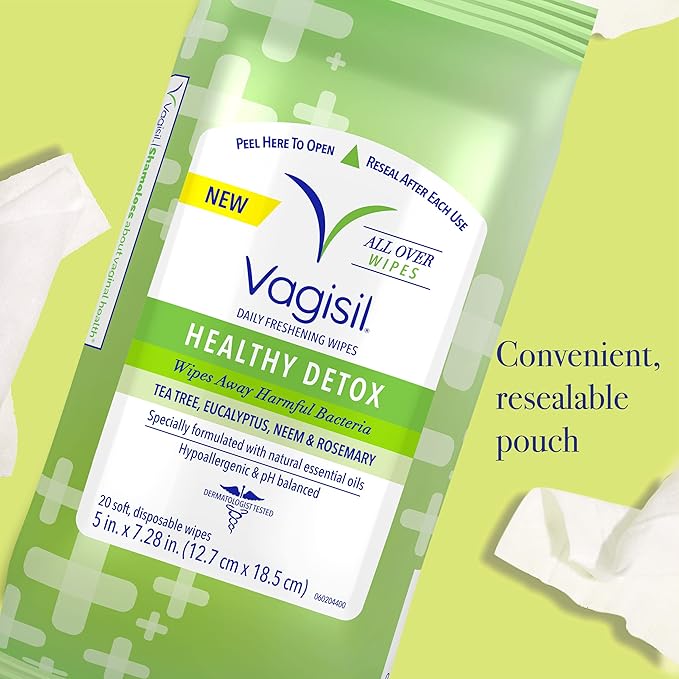 Vagisil Wipes for All Over Cleaning, Health Detox, Formulated with Essential Oils, 20 Wipes in a Re-Sealable Pouch (Pack of 24)