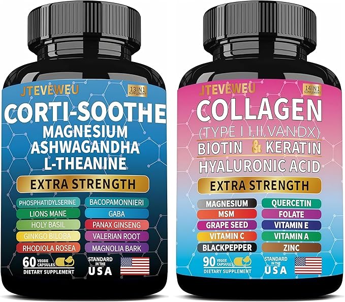 Shining Serenity Set, Cortisol Support with Ashwagandha, L-Theanine, Magnesium, Lions Mane, GABA, Bacopa Monnieri, Collagen Biotin, Keratin, Hyaluronic Acid, Quercetin