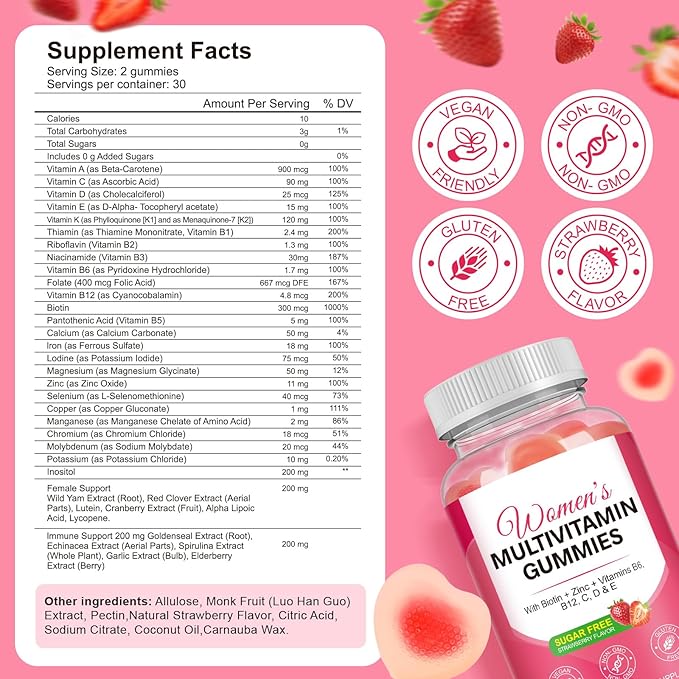 Multivitamin for Women, Womens Multivitamin Gummies with Minerals, Biotin + Zinc + Vitamins B6, B12, C, D & E,100% Natural Strawberry Flavor,No Sugar,60 Gummies