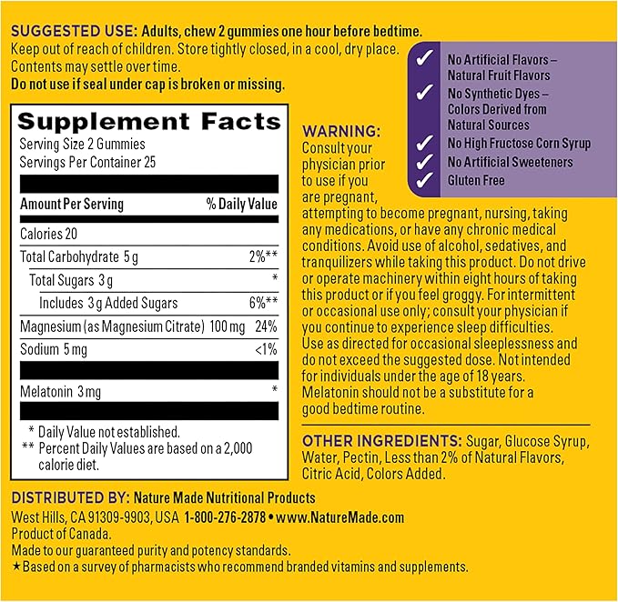 Nature Made Melatonin + Magnesium Gummies, Sleep and Relax Support, Melatonin 3mg Non-Habit Forming Sleep Aid, Magnesium Citrate, 50 Gummies