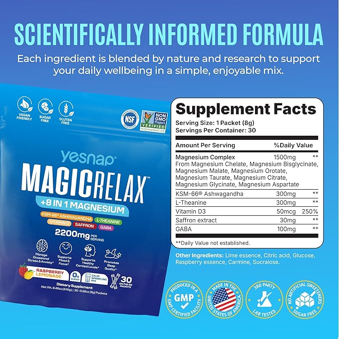 MAGICRELAX Supercalm 8-in-1 Chelated Magnesium Powder Drink Mix,KSM-66 Ashwagandha, Saffron, GABA, L-Theanine, Vitamin D3,Supports Stress Healthy Cortisol, Mood & Sleep, Zero Sugar Raspberry Lemonade