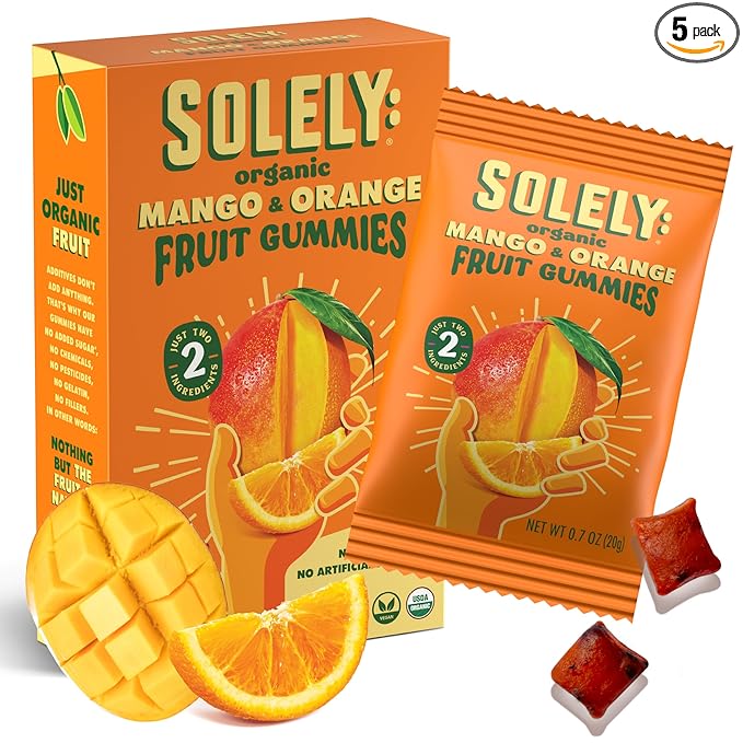 SOLELY - Organic Mango & Orange Whole Fruit Gummies (Pack of 1 Box, 5 Bags per Box) - Real Fresh Fruit - Healthy Snacks for Adults & Kids - Non GMO, Vegan Snacks, Shelf Stable - 5 Bags (3.5 oz)