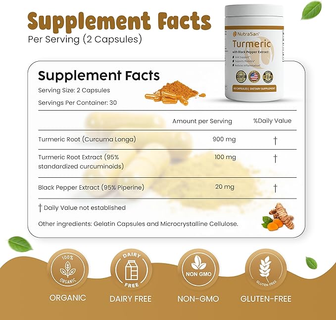 Turmeric Curcumin Supplements 900mg- Highly Bioavailable Turmeric with Curcuminoids & Black Pepper Extracts -Supports Joint Health & Reduces Inflammation - Gluten Free & Non-GMO 60 Capsules