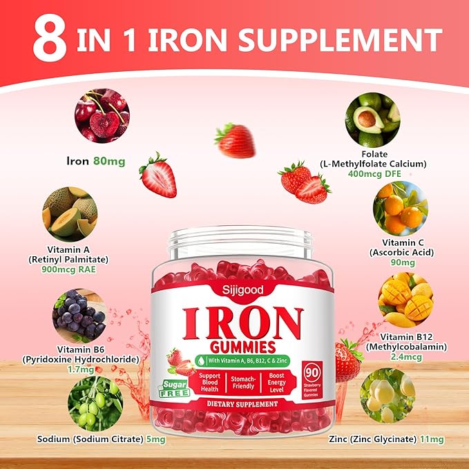 90 Count | Iron Supplement for Women, Men & Kids, Iron Gummies for Iron Deficiency & Anemia with Vitamin C B6 B12,Folate-Iron Supplement Support Bl♡♡d Oxygen & Energy Boost, Vegan,Non-GMO &Gluten Free