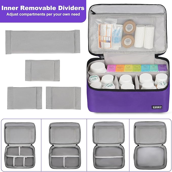 LEFOR·Z Medicine Storage Bag,Double Layers Pill Bottle Organizer Bag Empty with Lockable Zipper&Adjustable Divider,Medication Travel Carrying Bag for Pills,Vitamins,Medical Supplies,Purple